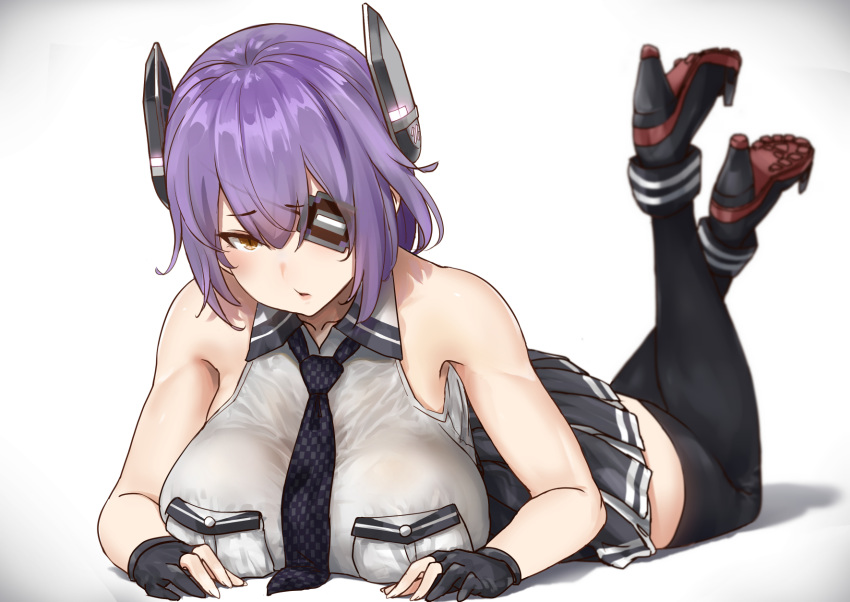 1girl bangs bare_shoulders black_footwear black_gloves black_skirt boots breasts checkered checkered_neckwear collarbone collared_vest eyepatch full_body gloves grey_background grey_vest headgear highres kantai_collection large_breasts looking_at_viewer lying necktie on_stomach parted_lips partly_fingerless_gloves pleated_skirt purple_hair remodel_(kantai_collection) revision rudder_footwear short_hair sideboob simple_background skirt solo speech_bubble striped striped_skirt tenryuu_(kantai_collection) thigh-highs thigh_boots uru_(uru0000) vest yellow_eyes
