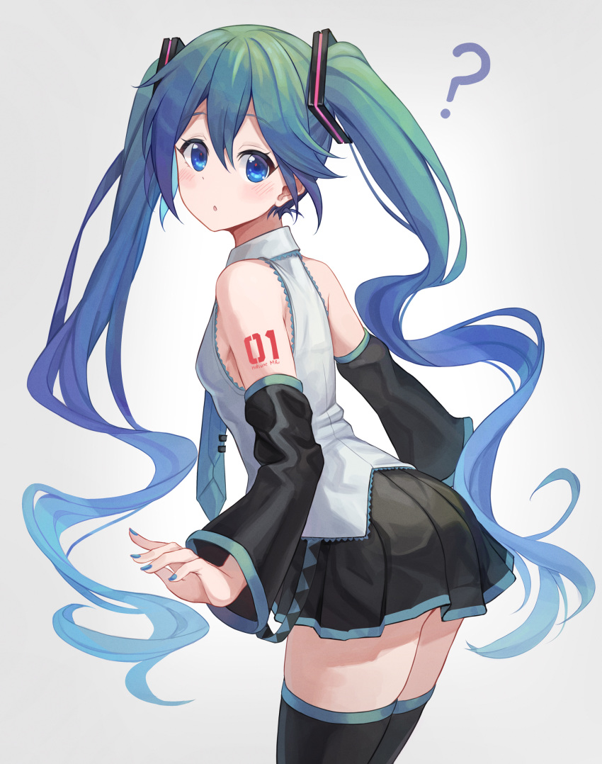 :o ? absurdres ass bangs bare_shoulders bibboss39 black_legwear black_skirt black_sleeves blue_eyes blue_hair blue_nails blue_neckwear blush breasts cowboy_shot detached_sleeves eyebrows_visible_through_hair from_side gradient gradient_background grey_background grey_shirt hatsune_miku highres long_hair long_sleeves looking_at_viewer looking_to_the_side miniskirt nail_polish necktie number_tattoo parted_lips pleated_skirt shirt shoulder_tattoo skirt small_breasts symbol_commentary tattoo thigh-highs twintails very_long_hair vocaloid zettai_ryouiki