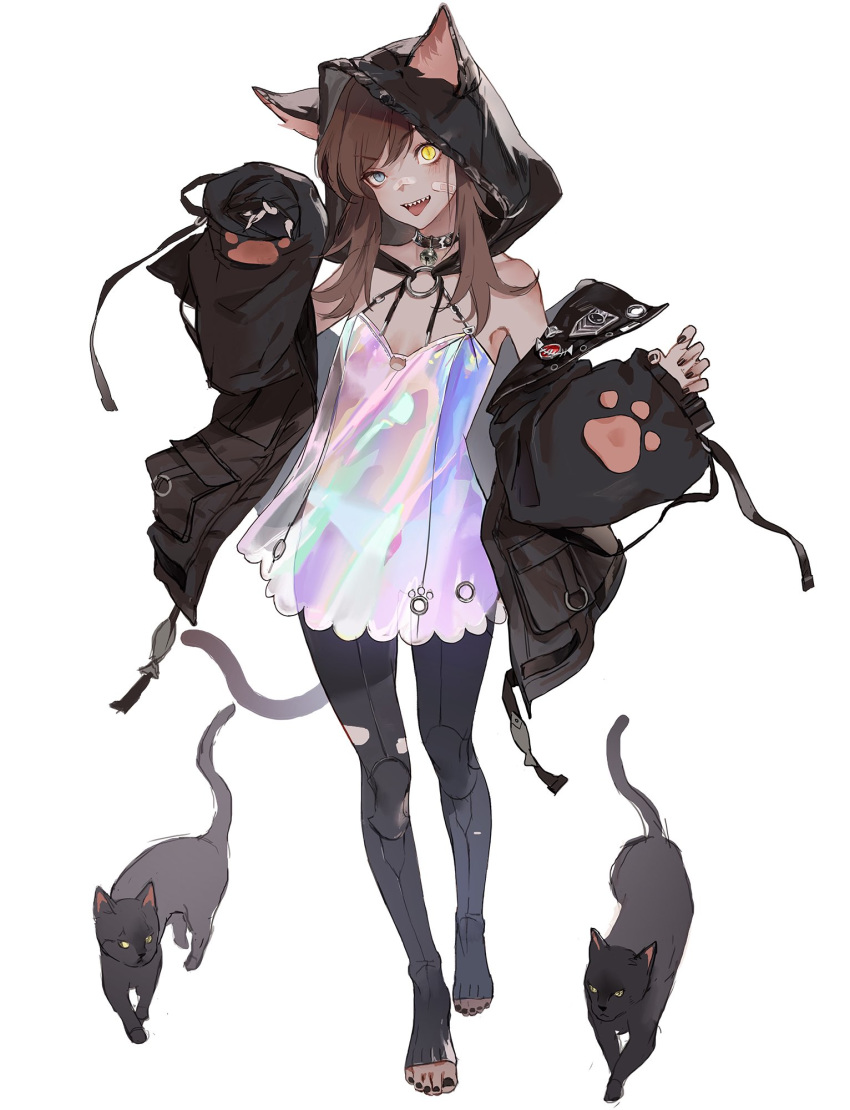 1girl :d animal animal_ear_fluff animal_ears animal_hood bangs bare_shoulders black_cat black_jacket black_legwear black_nails brown_hair cat cat_ears cat_girl cat_hood cat_tail choker claw_pose collar commentary_request dress eyebrows_visible_through_hair fangs flat_chest full_body hand_up heterochromia highres hood jacket long_hair long_sleeves looking_at_viewer o-ring o-ring_top off_shoulder okku open_clothes open_jacket open_mouth original panties pantyhose paw_print see-through_dress sharp_teeth simple_background sleeves_past_wrists slit_pupils smile solo standing tail teeth toeless_legwear toenails tongue tongue_out underwear white_background white_dress white_panties