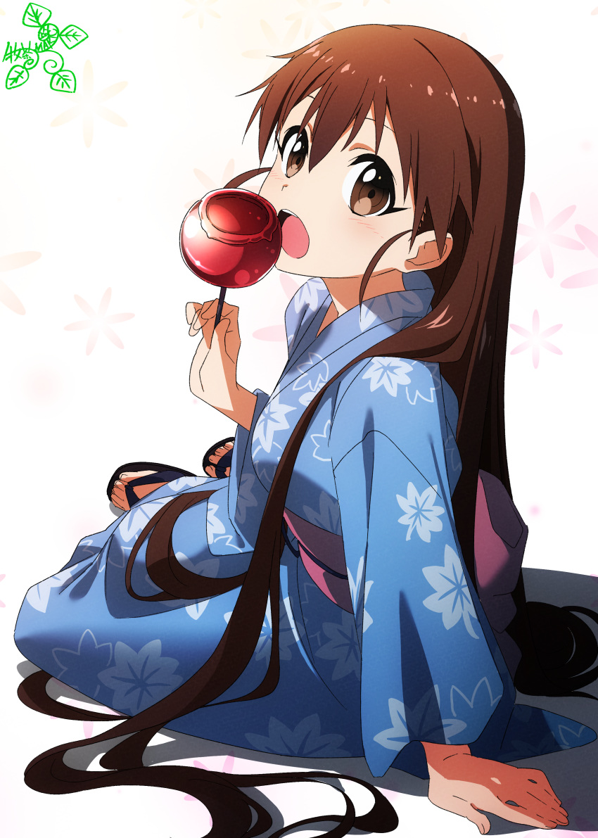 1girl absurdres arm_support blue_kimono brown_eyes brown_hair candy candy_apple floral_background food full_body hair_between_eyes highres holding holding_candy holding_food japanese_clothes kimono leaf_print long_hair looking_at_viewer obi open_mouth pink_sash pink_x sandals sash shadow sidelocks signature simple_background sitting solo taneshima_popura toes upper_teeth very_long_hair white_background working!! yokozuwari yukata