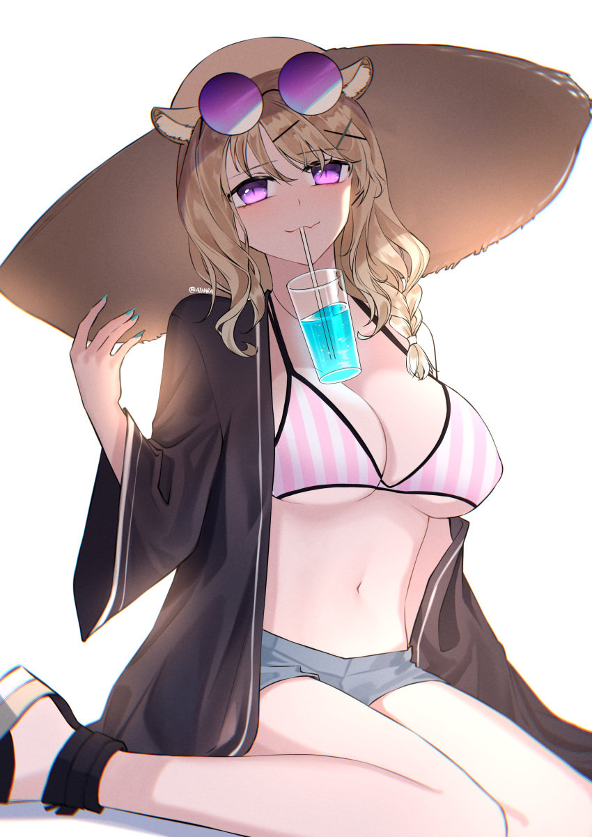 1girl absurdres animal_ear_fluff animal_ears arknights bangs bikini black_jacket blonde_hair blue_nails breasts commentary cup drinking drinking_glass drinking_straw eyebrows_visible_through_hair eyewear_on_head hair_ornament hand_up hat highres jacket large_breasts long_hair long_sleeves looking_at_viewer lucid_(125998966) nail_polish navel open_clothes open_jacket pink_bikini simple_background sitting smile solo stomach striped striped_bikini sun_hat sunglasses swimsuit thighs utage_(arknights) vertical-striped_bikini vertical_stripes violet_eyes wariza white_background wide_sleeves x_hair_ornament