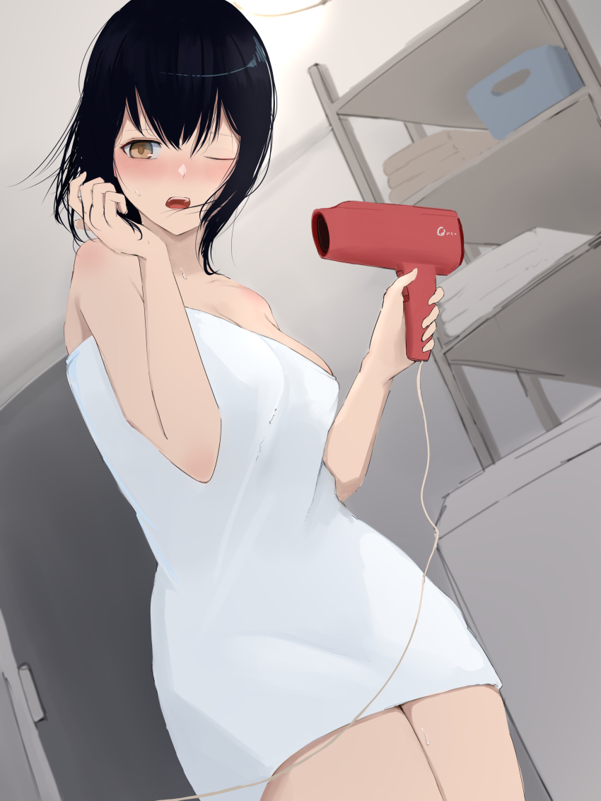 1girl 73suke absurdres black_hair brown_eyes cowboy_shot dutch_angle haguro_(kantai_collection) hair_dryer highres kantai_collection looking_at_viewer naked_towel one_eye_closed shelf short_hair solo towel translation_request white_towel
