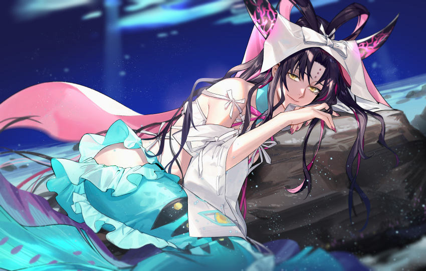 1girl bangs bare_shoulders black_hair bow closed_mouth commentary_request detached_sleeves eyelashes facial_mark fate/grand_order fate_(series) forehead_mark frills hair_rings highres horns hug_(yourhug) long_hair nail_polish parted_bangs purple_nails ribbon sesshouin_kiara sesshouin_kiara_(swimsuit_mooncancer)_(fate) solo very_long_hair yellow_eyes