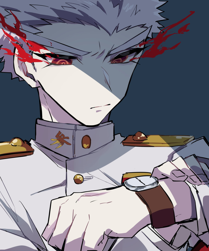 1boy blue_background buttons clenched_hand closed_mouth collar commentary_request dangan_ronpa dangan_ronpa_1 epaulettes expressionless flaming_eyes gakuran hand_on_own_arm hands_up highres holding_arm ishimaru_kiyotaka long_sleeves looking_at_watch looking_down mandarin_collar nekoma_hikaru red_eyes school_uniform simple_background sleeves_rolled_up solo spoilers thick_eyebrows upper_body watch watch white_gakuran white_hair