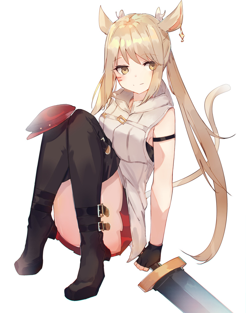 1girl absurdres animal_ears bangs bare_shoulders black_footwear black_gloves black_legwear blush boots brown_eyes cabbie_hat cat_ears cat_girl cat_tail closed_mouth commentary_request ear_piercing eyebrows_visible_through_hair final_fantasy final_fantasy_xiv fingerless_gloves full_body gloves hat hat_removed headwear_removed highres knees_up light_brown_hair long_hair looking_at_viewer miqo'te piercing pleated_skirt ponytail red_headwear red_skirt simple_background sitting skirt smile solo sword tail thigh-highs thigh_boots tota_(sizukurubiks) very_long_hair weapon whisker_markings white_background