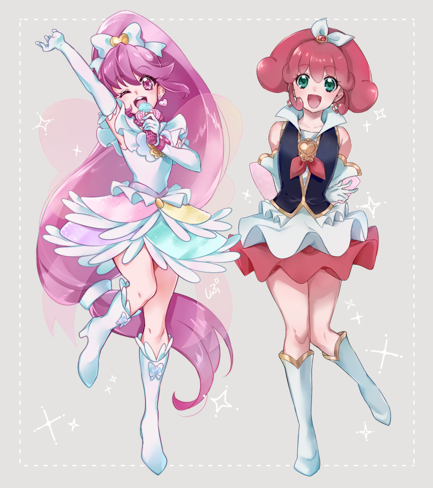 2girls :d ;d arm_up armpits arms_behind_back boots bow collarbone cure_lovely cure_mirage earrings elbow_gloves floating_hair frilled_gloves frills full_body gloves green_eyes grey_background hair_bow hair_ornament happinesscharge_precure! heart heart_earrings heart_hair_ornament highres idol jewelry knee_boots layered_skirt long_hair looking_at_viewer magical_girl medium_hair miniskirt multicolored multicolored_clothes multicolored_skirt multiple_girls one_eye_closed open_mouth pink_eyes pink_hair precure red_skirt redhead shiny shiny_hair shipu_(gassyumaron) skirt smile standing standing_on_one_leg very_long_hair white_bow white_footwear white_gloves white_skirt