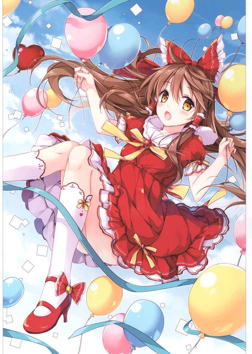 1girl absurdres alternate_costume balloon bangs blue_sky blush bow brown_eyes brown_hair clouds cloudy_sky confetti convenient_censoring day dress eyebrows_visible_through_hair fingernails frills hair_ornament hair_tubes hakurei_reimu high_heels highres holding mochizuki_shiina open_mouth outdoors puffy_short_sleeves puffy_sleeves red_bow red_dress red_footwear scan shiny shiny_hair shiny_skin short_dress short_sleeves simple_background sky socks thighs touhou white_legwear
