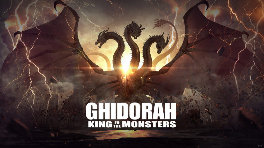 absurdres artist_name character_name city clouds dark_clouds debris destruction dragon dragon_horns dragon_wings giant_monster glowing glowing_eyes godzilla:_king_of_the_monsters h.h highres horns kaijuu king_ghidorah king_ghidorah_(godzilla:_king_of_the_monsters) lightning looking_at_viewer monster multiple_heads multiple_tails no_humans open_mouth scales sky spread_wings standing sun tail teeth twilight wings yellow_eyes