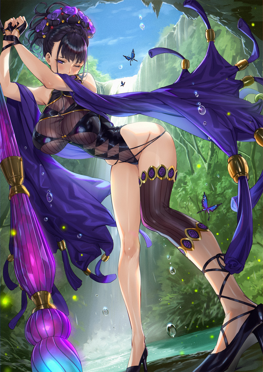1girl bangs black_footwear black_swimsuit blush bound bound_wrists breasts covered_navel covered_nipples fate/grand_order fate_(series) flower full_body gloves hair_flower hair_ornament hair_up half_gloves high_heels highleg highleg_swimsuit highres large_breasts long_hair mhk_(mechamania) murasaki_shikibu_(fate) murasaki_shikibu_(swimsuit_rider)_(fate) one-piece_swimsuit one_eye_closed outdoors purple_hair shawl single_thighhigh swimsuit thigh-highs thighs tied_hair violet_eyes water water_drop waterfall