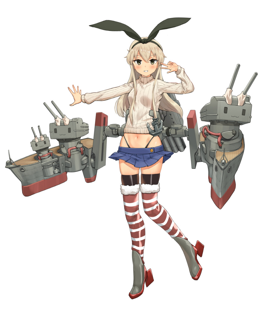 1girl adapted_costume beige_sweater black_hairband black_legwear black_panties blonde_hair blue_skirt commentary full_body fur-trimmed_legwear fur_trim grey_eyes hairband highleg highleg_panties highres kantai_collection long_hair looking_at_viewer machinery microskirt miniskirt navel osananajimi_neko panties parted_lips pleated_skirt rensouhou-chan ribbed_sweater shimakaze_(kantai_collection) simple_background skirt standing sweater thigh-highs underwear v white_background