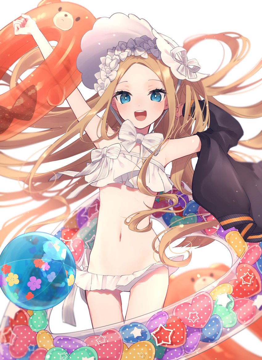 1girl abigail_williams_(fate/grand_order) abigail_williams_(swimsuit_foreigner)_(fate) absurdres armpits arms_up bangs bare_shoulders bikini blonde_hair blue_eyes blush bonnet bow breasts fate/grand_order fate_(series) forehead hair_bow highres hinakano_h innertube long_hair looking_at_viewer miniskirt navel open_mouth parted_bangs sidelocks simple_background skirt small_breasts smile swimsuit thighs very_long_hair white_background white_bikini white_bow white_headwear