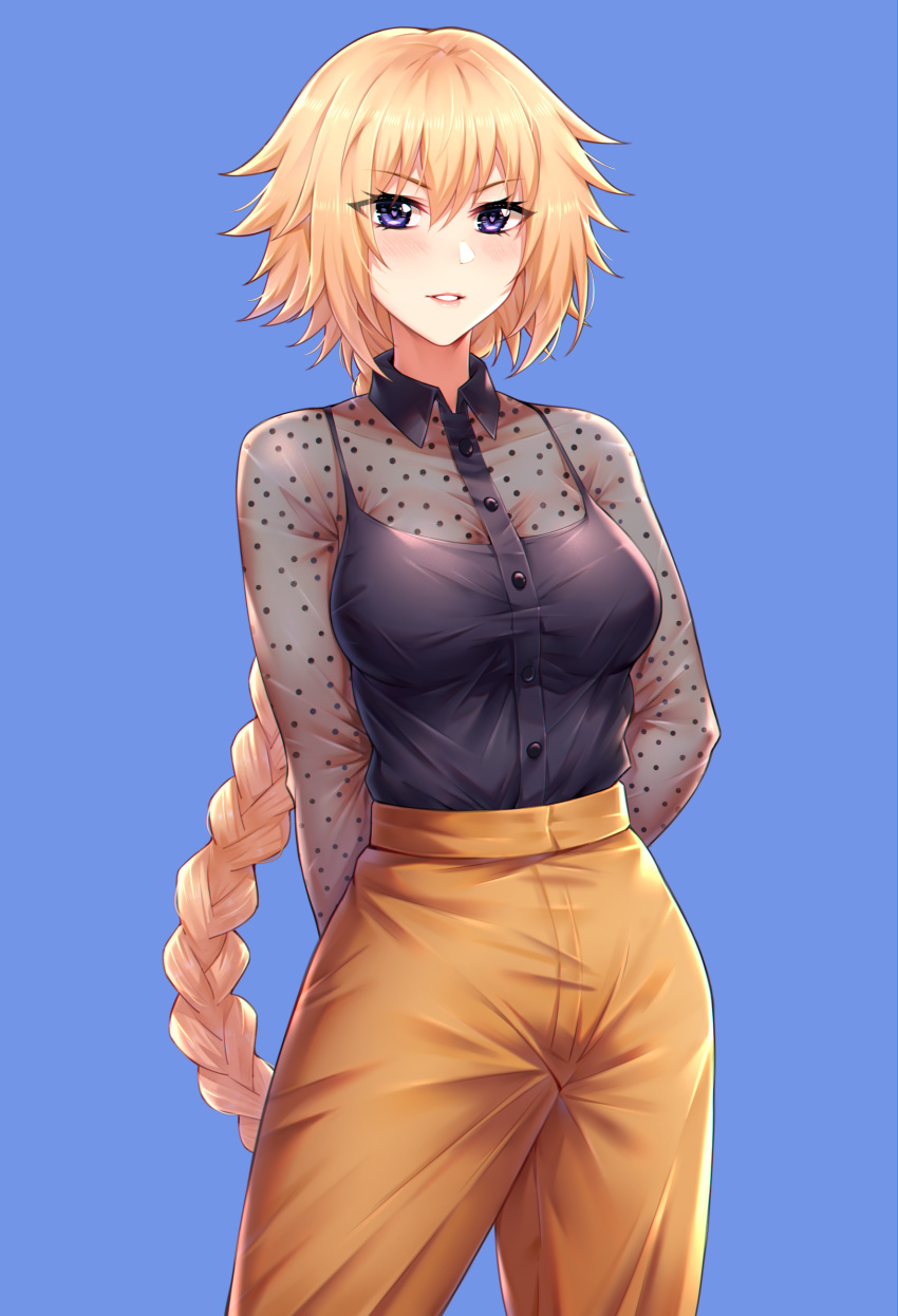1girl absurdres alternate_costume arms_behind_back bangs black_shirt blonde_hair blue_background blue_eyes blush braid breasts brown_pants choukoukou_no_diaosi collarbone collared_shirt commentary_request cowboy_shot dress_shirt eyebrows_visible_through_hair fate/grand_order fate_(series) highres jeanne_d'arc_(fate) jeanne_d'arc_(fate)_(all) large_breasts long_braid long_hair long_sleeves looking_at_viewer pants parted_lips see-through shirt shirt_tucked_in simple_background single_braid solo teeth very_long_hair violet_eyes wing_collar