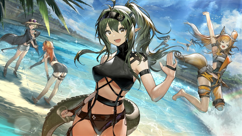 &gt;_&lt; 6+girls :d ;d alternate_hairstyle antenna_hair arknights arm_strap armpits arms_up artist_request ass bangs bare_arms bare_shoulders bikini black_bikini black_jacket blaze_(arknights) blue_sky breasts ceobe_(arknights) clouds commentary crocodilian_tail croissant_(arknights) cup day drinking_glass dutch_angle flint_(arknights) gavial_(arknights) green_hair grey_eyes hair_between_eyes hat holding holding_cup horns jacket leaning_forward long_hair looking_at_viewer medium_breasts multiple_girls navel one_eye_closed open_clothes open_jacket open_mouth orange_hair pointy_ears ponytail sky smile stomach sun_hat sunglasses swimsuit tail utage_(arknights) visor_cap
