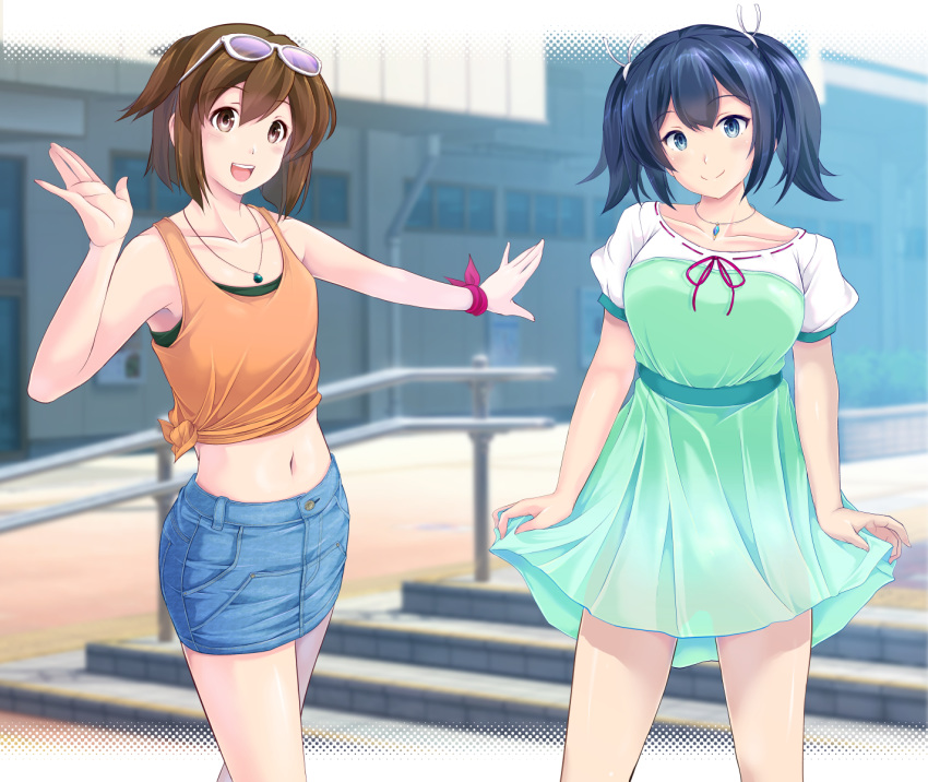 2girls alternate_costume blue_eyes blue_hair brown_eyes brown_hair casual collarbone cowboy_shot denim denim_skirt dress eyewear_on_head highres hiryuu_(kantai_collection) jewelry kantai_collection looking_at_viewer map_(blue_catty) multiple_girls navel necklace one_side_up open_mouth orange_tank_top outdoors shirt short_hair skirt smile souryuu_(kantai_collection) sunglasses tank_top tied_shirt twintails two-tone_dress