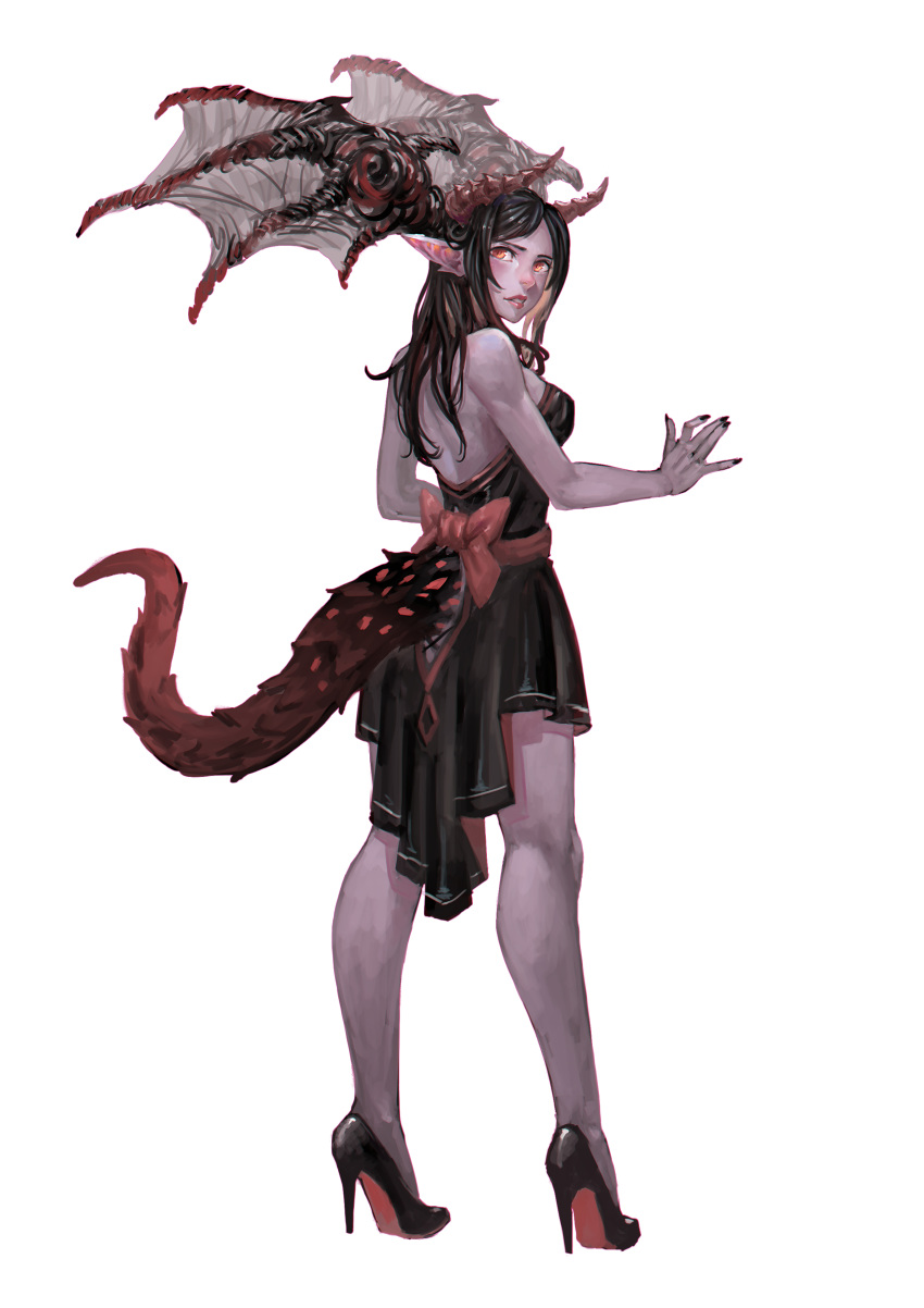 1girl absurdres backless_dress backless_outfit bare_shoulders black_dress black_nails brown_eyes dragon_girl dragon_tail dress fingernails full_body head_wings high_heels highres horns long_hair looking_at_viewer looking_back monster_girl nail_polish original parted_lips pointy_ears simple_background solo standing tail white_background wings xue_qi_ye_(dndtmbdue)