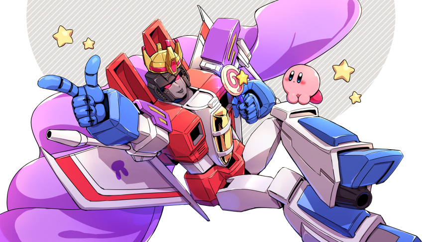 2boys absurdres alien candy crossover crown food highres holding holding_candy holding_food holding_lollipop kirby kirby_(series) kyarara_renan lollipop looking_up mechanical_wings multiple_boys no_humans pointing red_eyes star_(symbol) starscream tongue tongue_out transformers wings