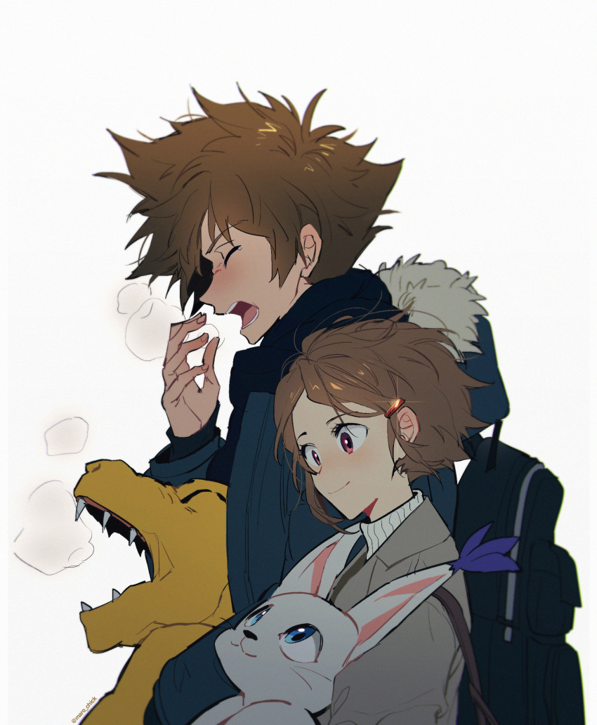 1boy 1girl :3 agumon backpack bag blue_eyes blue_scarf blush breath brother_and_sister brown_hair closed_eyes closed_mouth coat cold commentary digimon digimon_adventure_02 english_commentary from_side fur-trimmed_coat fur_trim glint green_coat grey_coat hair_ornament highres looking_up maro_(lij512) nose_blush open_mouth scarf sharp_teeth short_hair shoulder_bag siblings simple_background smile spiky_hair sweater tailmon teeth turtleneck turtleneck_sweater twitter_username upper_body violet_eyes white_background white_sweater yagami_hikari yagami_taichi