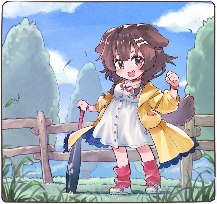 1girl animal_ears baseball_bat blue_sky bone_hair_ornament bracelet brown_eyes brown_hair buttons cartoon_bone chibi clouds collar commentary_request dog_collar dog_ears dog_girl dog_tail dress eyebrows_visible_through_hair fang fence grass hair_ornament hairclip highres hololive inugami_korone jacket jewelry long_hair looking_at_viewer loose_socks low_twin_braids outdoors paw_print red_collar red_legwear sakino_shingetsu shoes short_dress side_braids sky sneakers socks solo tail tree virtual_youtuber white_dress wooden_fence wristband yellow_jacket