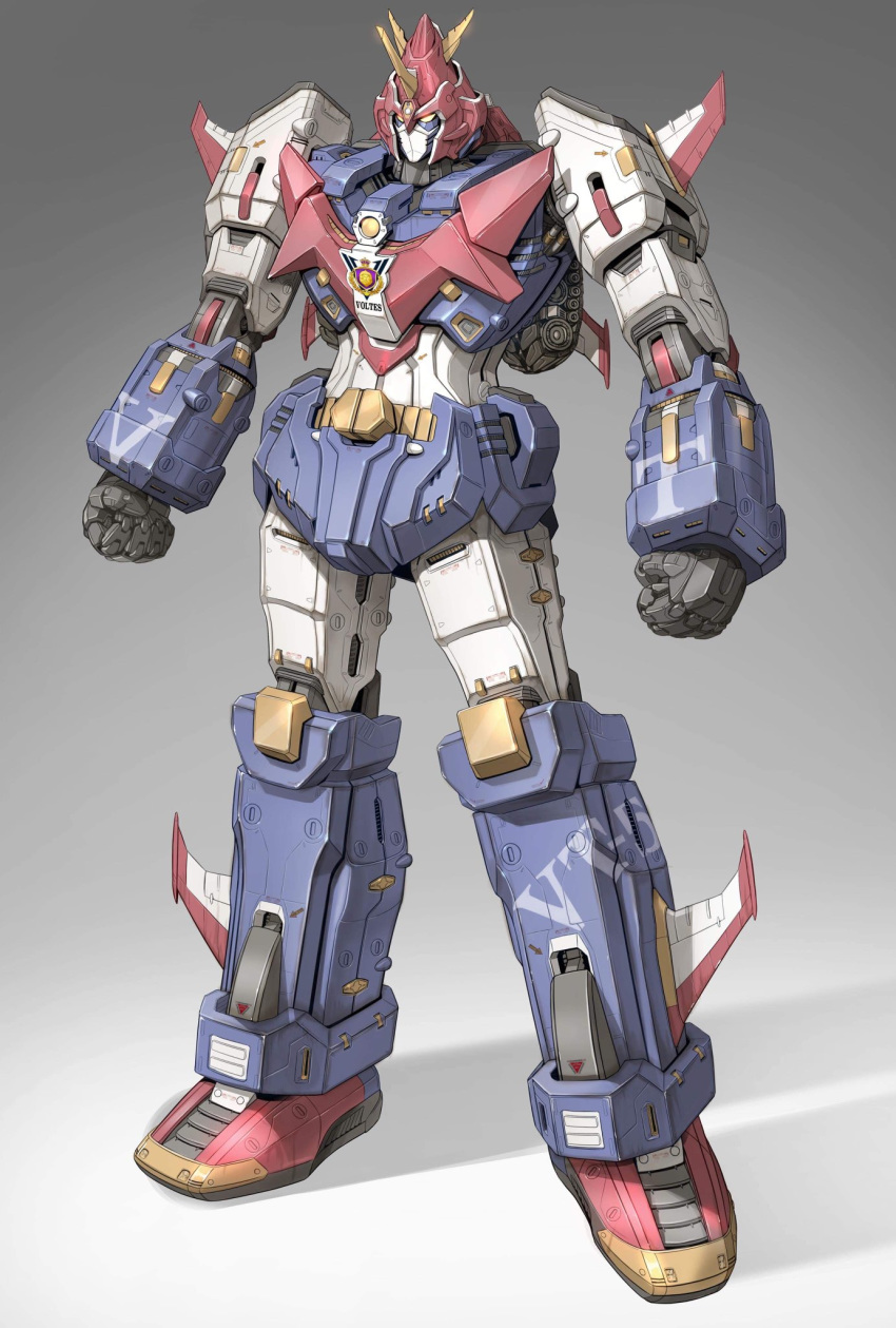 bad_id bad_twitter_id choudenji_machine_voltes_v clenched_hands glowing glowing_eyes gradient_background highres horns looking_down maeda_hiroyuki mecha no_humans redesign robot single_horn solo standing super_robot voltes_v_(mecha) yellow_eyes