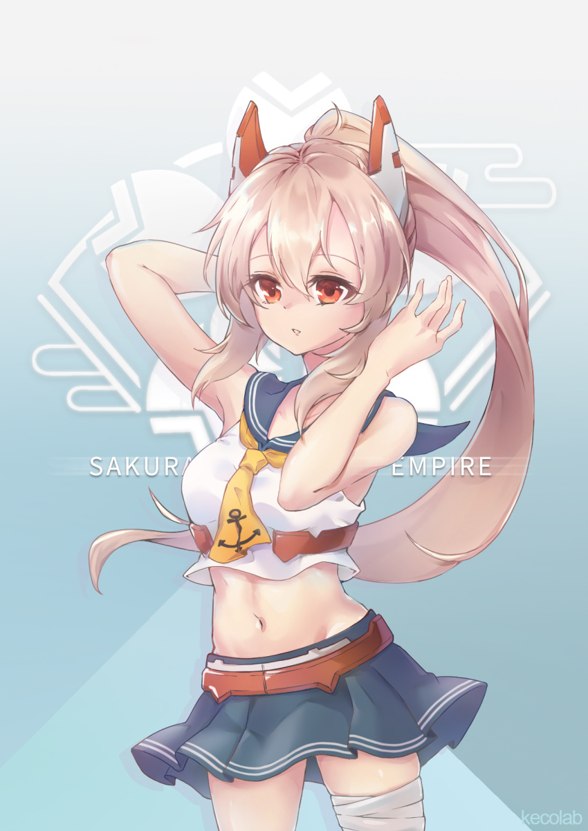 1girl armpits arms_behind_head ayanami_(azur_lane) azur_lane bandage_on_knee collarbone commentary_request hands_on_own_head headgear highres kecolab long_hair looking_at_viewer midriff navel orange_eyes parted_lips pleated_skirt ponytail school_uniform serafuku silver_hair simple_background skirt solo