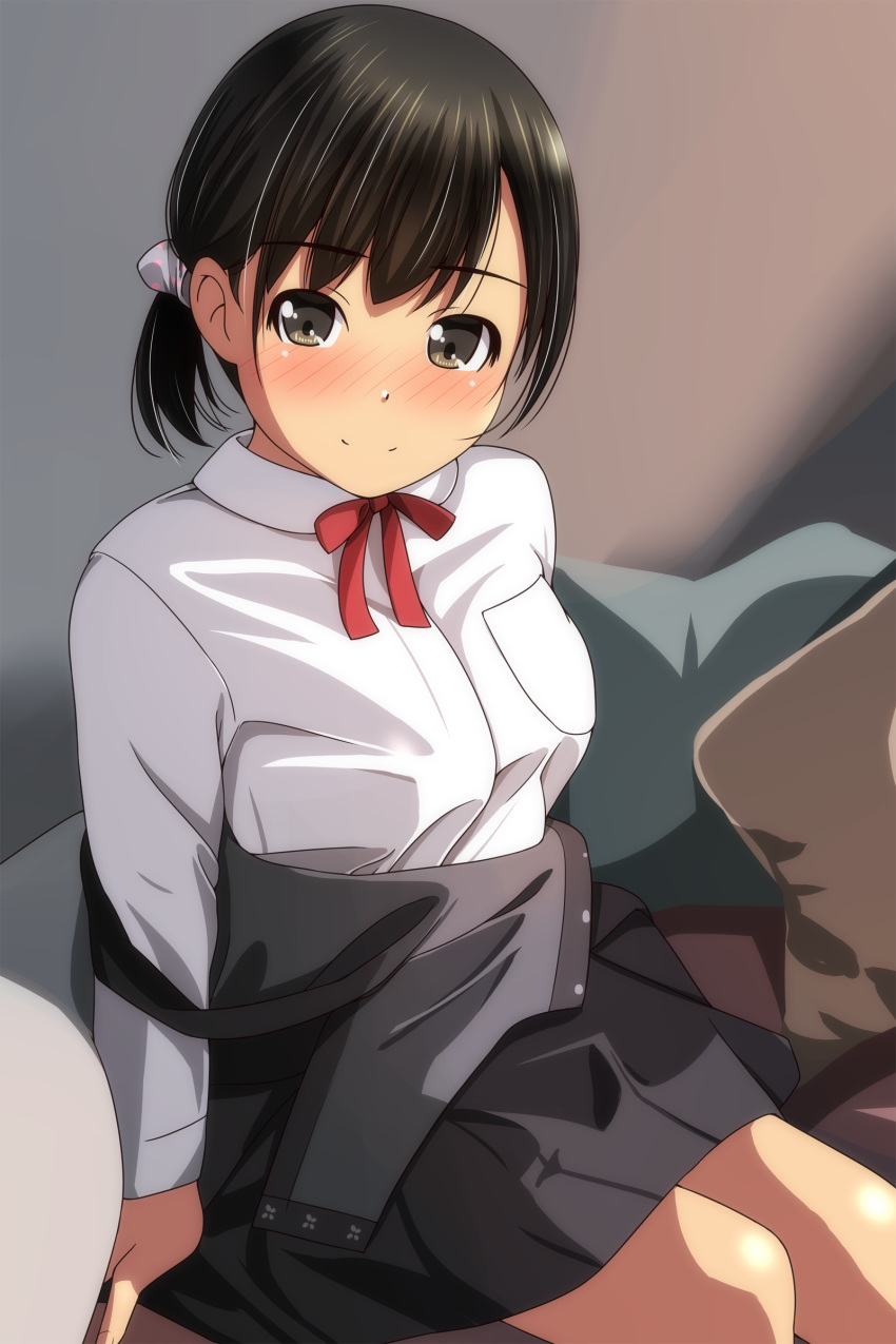 1girl absurdres bangs black_dress black_hair blush bow breasts brown_eyes closed_mouth collared_shirt dress dress_pull dress_shirt eyebrows_visible_through_hair feet_out_of_frame highres looking_at_viewer matsunaga_kouyou nose_blush original pillow pleated_dress red_bow shirt sitting small_breasts smile solo white_shirt