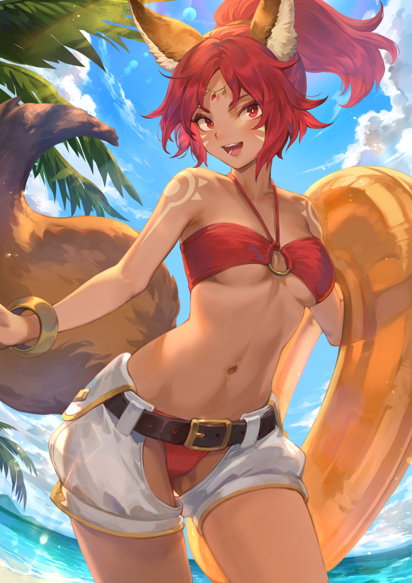 1girl afk_arena animal_ears bangs bare_shoulders belt bikini blue_sky bracelet breasts clouds cloudy_sky commentary_request dark_skin day facial_mark halterneck high_ponytail highres holding innertube jewelry looking_at_viewer mashuu_(neko_no_oyashiro) medium_breasts navel o-ring o-ring_bikini ocean open_mouth outdoors palm_leaf parted_bangs ponytail red_bikini red_eyes redhead shorts simple_background sky solo stomach sunlight swimsuit tail tattoo tied_hair water