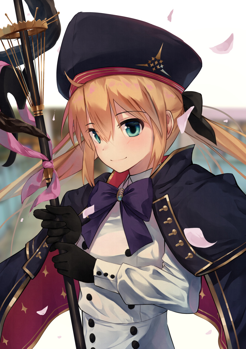 1girl absurdres ahoge artoria_pendragon_(all) artoria_pendragon_(caster) black_gloves blonde_hair blue_eyes blush buttons capelet closed_mouth coat collared_shirt double-breasted eyebrows_visible_through_hair fate/grand_order fate_(series) gloves hair_between_eyes hair_ribbon hat highres holding holding_staff long_hair long_sleeves looking_at_viewer petals ribbon saber shirt shun'ya_(daisharin36) smile solo staff twintails upper_body