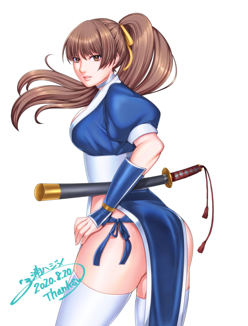 1girl ass breasts brown_eyes brown_hair character_request dated dead_or_alive hair_ribbon highres kasumi long_hair looking_at_viewer miura_hajime panties puffy_short_sleeves puffy_sleeves ribbon sheath sheathed short_sleeves side-tie_panties simple_background solo standing sword thank_you thigh-highs underwear weapon white_background white_legwear yellow_ribbon