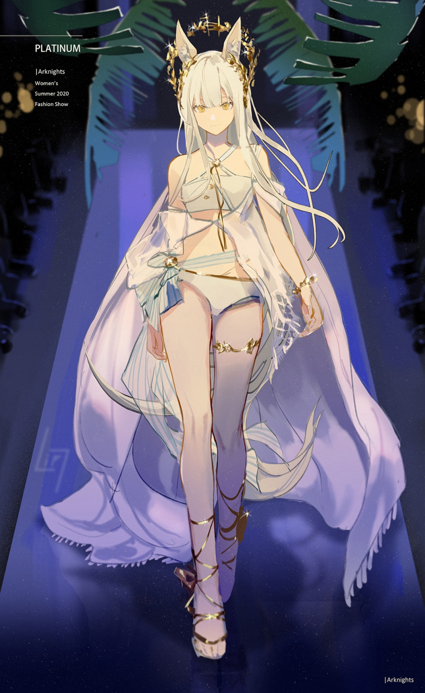 1girl animal_ear_fluff animal_ears arknights bare_legs bikini bracelet breasts catwalk character_name closed_mouth commentary copyright_name criss-cross_halter english_commentary english_text full_body gold_trim hair_ornament halterneck highres horse_ears jewelry lirseven long_hair looking_at_viewer midriff platinum_(arknights) see-through shawl silver_hair small_breasts smile solo straight_hair swimsuit thighlet thighs walking white_bikini yellow_eyes