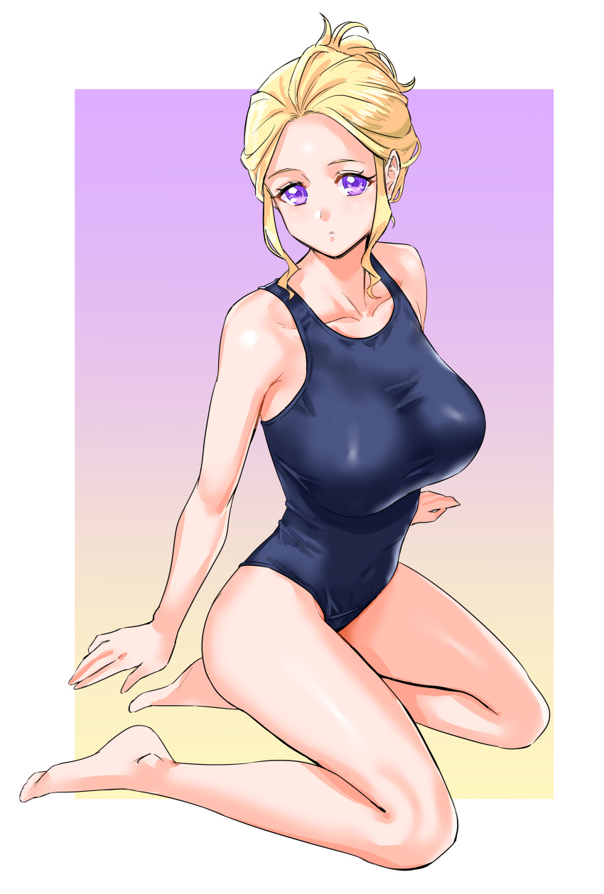 1girl absurdres bare_arms bare_legs bare_shoulders barefoot black_swimsuit blonde_hair border breasts closed_mouth collarbone competition_swimsuit expressionless forehead full_body fuurin_asumi gradient gradient_background healin'_good_precure highres hisaki large_breasts looking_at_viewer one-piece_swimsuit outside_border precure purple_background short_hair short_ponytail sidelocks sitting solo swimsuit violet_eyes white_border yokozuwari
