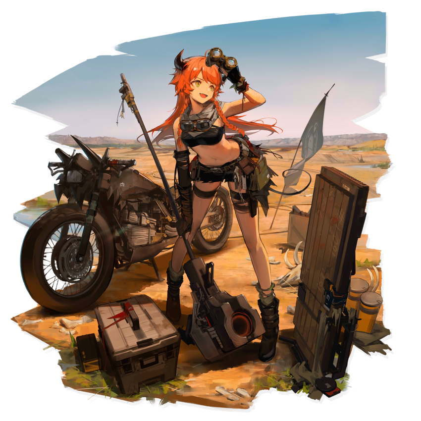 1girl :d ahoge alternate_costume alternate_hairstyle arknights arm_up armpits bandaged_arm bandages bandeau bangs bare_shoulders belt binoculars black_footwear black_gloves black_shorts boots braid breasts crate croissant_(arknights) crop_top cutoffs door fang fingerless_gloves flag gloves goggles goggles_around_neck green_eyes ground_vehicle hammer head_tilt highres holding holding_binoculars holding_hammer holding_weapon horns huanxiang_heitu leaning_forward long_hair looking_away medium_breasts midriff motor_vehicle motorcycle navel official_art open_mouth orange_hair outdoors shadow short_shorts shorts sleeveless smile solo standing stomach sweat thigh_strap thighs transparent_background twin_braids weapon
