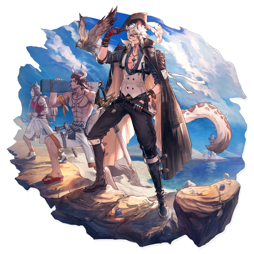 3boys abs adjusting_clothes adjusting_hat animal_ears arknights axe bangs bird black_cape black_footwear black_gloves black_pants blue_sky boots brown_hair cape clouds courier_(arknights) day feathers gloves grey_eyes hair_between_eyes hand_up hat hat_feather highres holding horns jewelry leopard_ears male_focus matterhorn_(arknights) multiple_boys ocean official_art pants pendant red_tank_top ryuuzaki_ichi scabbard sheath sheathed shirt shirtless shorts silver_hair silverash_(arknights) sky smile standing sword tank_top telescope tenzin_(arknights) transparent_background tricorne water weapon white_shirt white_shorts
