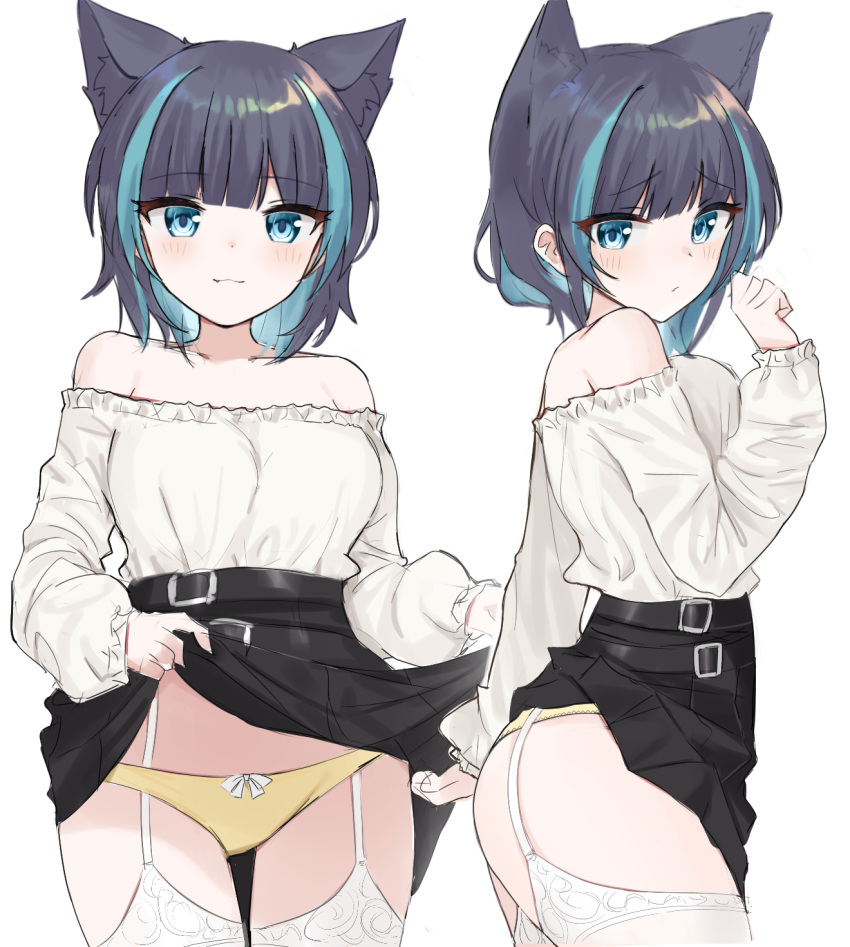 1girl :3 animal_ears ass azur_lane bare_shoulders black_hair black_skirt blue_eyes blue_hair blush breasts cat_ears cheshire_(azur_lane) closed_mouth collarbone dress eyebrows_visible_through_hair garter_straps highlights highres large_breasts lifted_by_self looking_at_viewer multicolored_hair panties shengtian short_hair skirt skirt_lift smile thigh-highs two-tone_hair underwear white_dress white_legwear yellow_panties