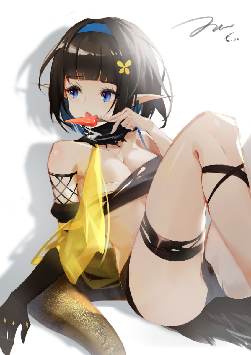 1girl absurdres arknights ass bandeau bare_shoulders black_gloves black_hair black_panties blue_eyes detached_sleeves elbow_gloves eunectes_(arknights) food gloves hairband highres holding knees_up licking looking_away midriff moon_(jiangxiang_ai_chizhaji) panties pointy_ears popsicle short_hair sitting solo tail thigh_strap thighs tongue tongue_out torn_clothes underwear
