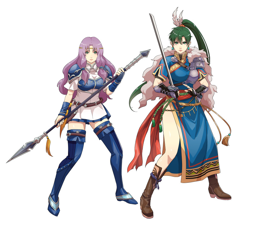 2girls absurdres blue_footwear boots brown_footwear cirenk closed_mouth commission fire_emblem fire_emblem:_the_blazing_blade florina_(fire_emblem) green_hair highres holding holding_spear holding_sword holding_weapon knee_boots long_hair looking_at_viewer lyn_(fire_emblem) multiple_girls polearm ponytail purple_hair spear sword thigh-highs thigh_boots thighs weapon