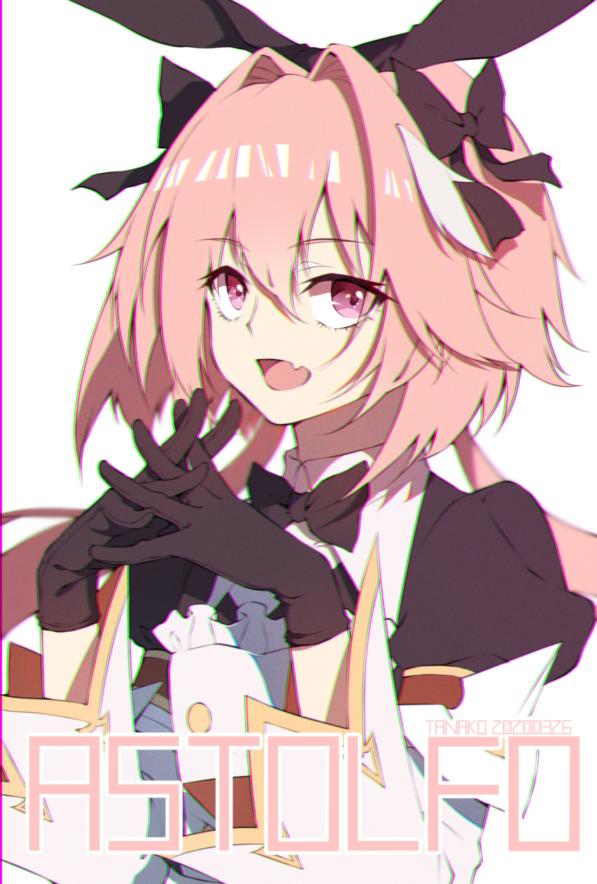 1boy animal_ears astolfo_(fate) astolfo_(saber)_(fate) bangs black_bow black_gloves black_ribbon bow bowtie bunny_hair_ornament chromatic_aberration copyright_name dress fate/grand_order fate_(series) gloves hair_bow hair_intakes hair_ornament hair_ribbon happy highres long_sleeves looking_at_viewer low_twintails male_focus medium_hair multicolored_hair open_mouth otoko_no_ko pink_hair rabbit_ears ribbon simple_background smile solo streaked_hair tanako_(645316096) twintails violet_eyes white_background