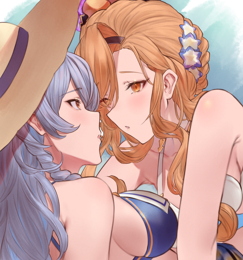 2girls :o absurdres bangs bare_shoulders betabeet bikini blue_bikini blue_flower blush braid breasts brown_eyes brown_hair brown_headwear collarbone eye_contact eyebrows_visible_through_hair flower granblue_fantasy hair_flower hair_ornament hat highres light_rays long_hair looking_at_another lying medium_breasts multiple_girls on_back outdoors parted_lips side_braid sideboob sidelocks silva_(granblue_fantasy) silver_hair song_(granblue_fantasy) sun_hat sunbeam sunlight swept_bangs swimsuit upper_body white_bikini yuri