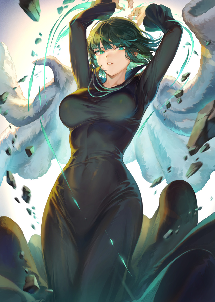 1girl arms_up bangs black_dress black_hair breasts coat coat_removed covered_navel dress fubuki_(one-punch_man) fur_coat green_eyes highres jewelry large_breasts long_sleeves looking_at_viewer mashuu_(neko_no_oyashiro) necklace one-punch_man parted_lips rock short_hair telekinesis