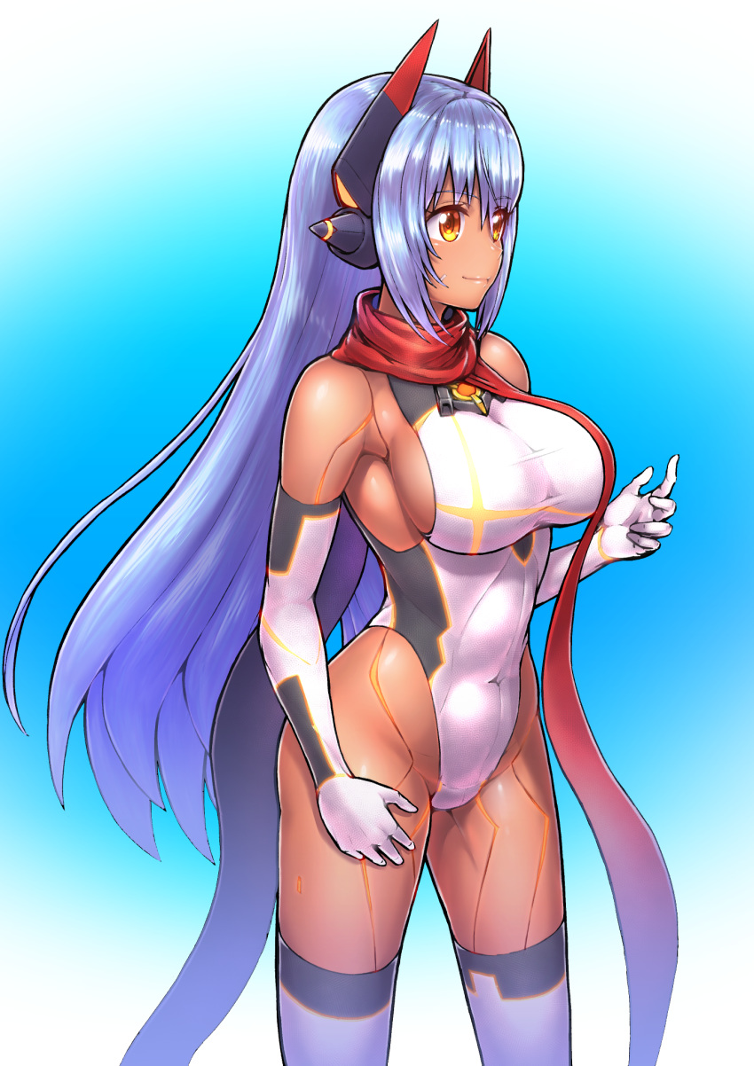 1girl alternate_color android bare_shoulders breasts covered_navel dark_skin elbow_gloves eyebrows_visible_through_hair fukadumeasadume gloves hair_between_eyes hana_(xenoblade) hana_jd headgear highleg highleg_leotard highres joints large_breasts leotard long_hair palette_swap purple_hair red_scarf robot_ears robot_joints scarf sidelocks skin_tight smile solo swimsuit thigh-highs xenoblade_(series) xenoblade_2 yellow_eyes