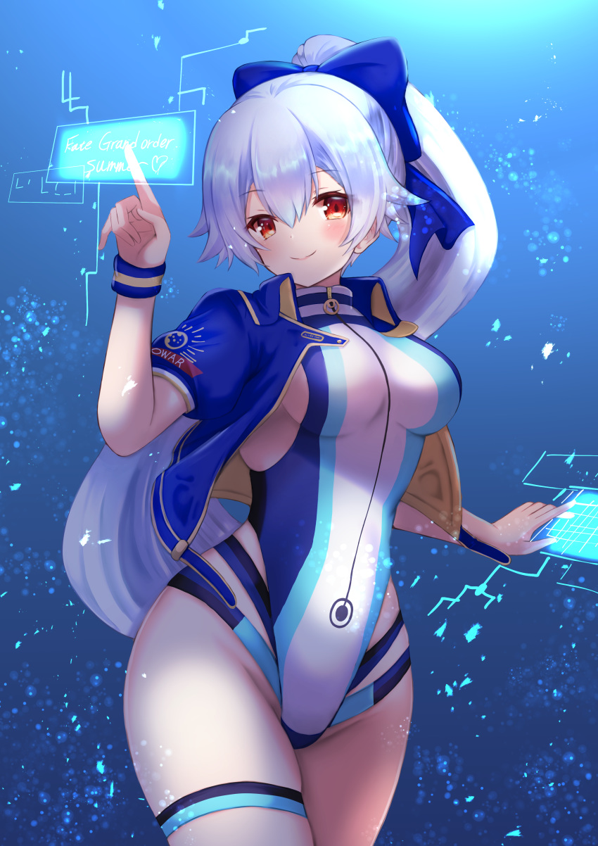1girl absurdres bangs blue_bow blue_jacket blush bow breasts closed_mouth commentary_request cropped_jacket eyebrows_visible_through_hair fate/grand_order fate_(series) hair_between_eyes hair_bow hand_up high_ponytail highleg highleg_swimsuit highres holographic_interface jacket looking_at_viewer medium_breasts one-piece_swimsuit open_clothes open_jacket ponytail puffy_short_sleeves puffy_sleeves red_eyes shibakame short_sleeves silver_hair smile solo swimsuit thigh_strap tomoe_gozen_(fate/grand_order) white_swimsuit