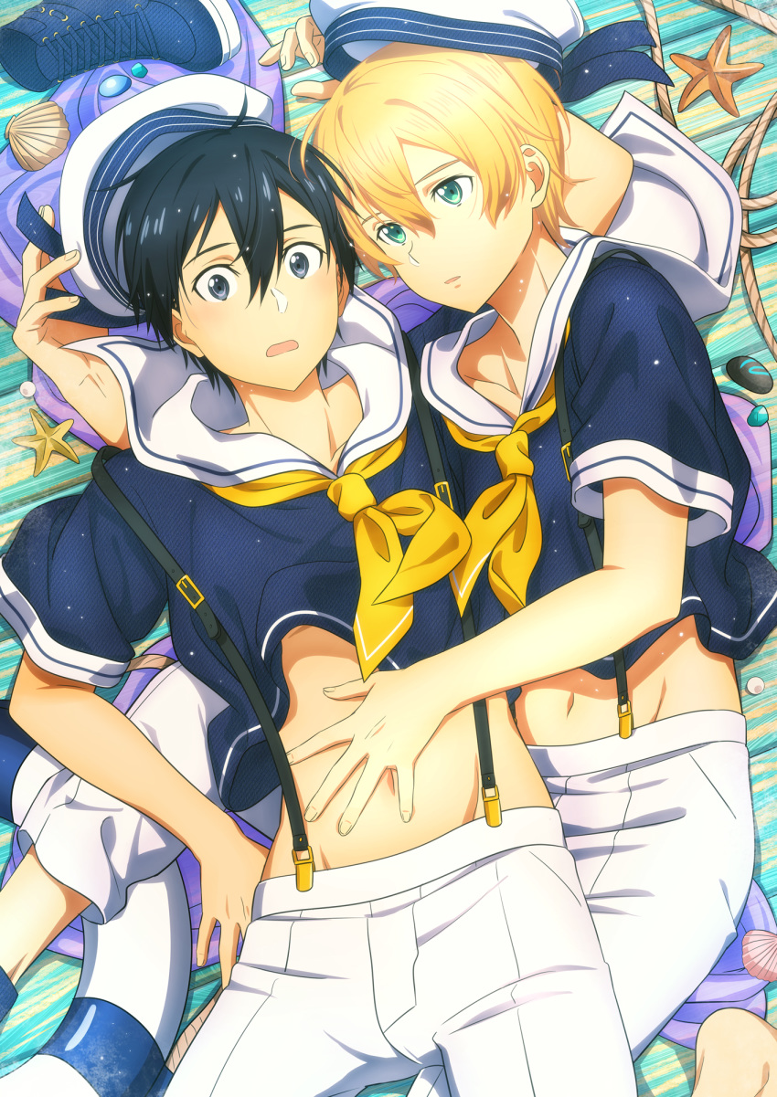 2boys bangs black_hair blonde_hair blush commentary_request eugeo eyelashes fcc footwear_removed green_eyes hair_between_eyes hand_on_another's_stomach highres kirito lying male_focus multiple_boys navel on_back pants parted_lips rope seashell shell short_sleeves starfish suspenders sword_art_online white_pants yaoi