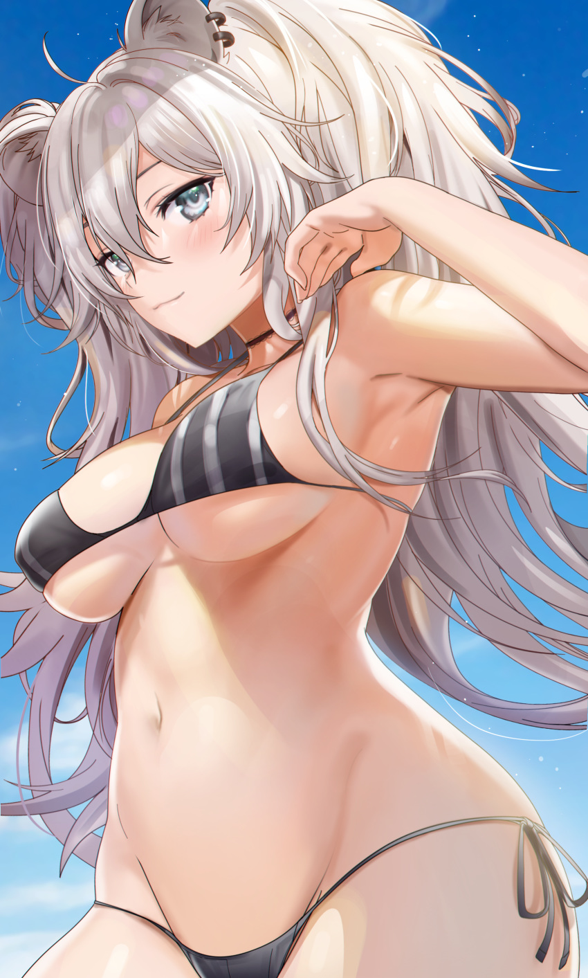 1girl :3 absurdres ahoge animal_ears arm_up armpits bangs bare_arms bare_shoulders bikini black_bikini blue_eyes blush breasts choker closed_mouth commentary_request cowboy_shot day earrings groin hair_between_eyes halterneck highres hololive jewelry lion_ears long_hair looking_at_viewer medium_breasts navel seicoh shishiro_botan side-tie_bikini silver_hair smile solo stomach string_bikini swimsuit two_side_up under_boob virtual_youtuber