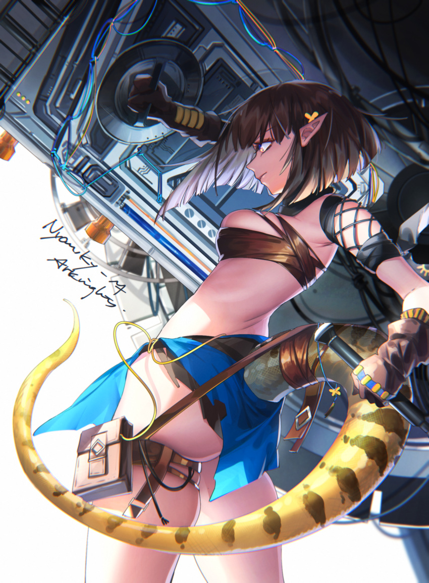 1girl absurdres arknights ass bandeau bangs black_gloves black_hair breasts commentary eunectes_(arknights) from_side gloves highres holding huge_filesize medium_breasts midriff nyansky pointy_ears pouch sarong short_hair snake_tail solo strapless symbol_commentary tail thigh_strap thighs tubetop