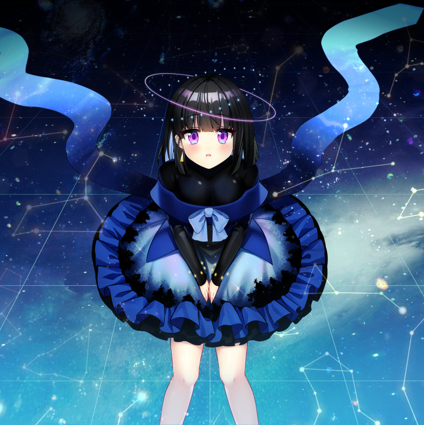 1girl absurdres bangs black_hair black_shirt blue_bow blue_hair blue_skirt bow breasts commentary_request constellation earrings eyebrows_visible_through_hair feet_out_of_frame frilled_skirt frills hands_on_lap highres jewelry long_hair long_sleeves looking_at_viewer mamel_27 medium_breasts multicolored_hair original parted_lips shirt sitting skirt solo two-tone_hair violet_eyes