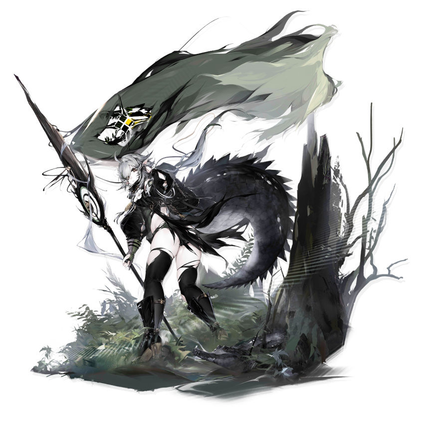 1girl ahoge arknights ass bangs bare_shoulders black_footwear black_legwear black_panties boots chuzenji crocodilian_tail elite_ii_(arknights) flag flower from_behind gloves grey_gloves hand_in_hair hand_up highres holding holding_staff large_tail long_hair long_sleeves looking_back official_art panties pointy_ears sidelocks silver_hair skindentation solo staff standing tail thigh-highs thighs tomimi_(arknights) torn_clothes torn_legwear transparent_background underwear white_flower yellow_eyes