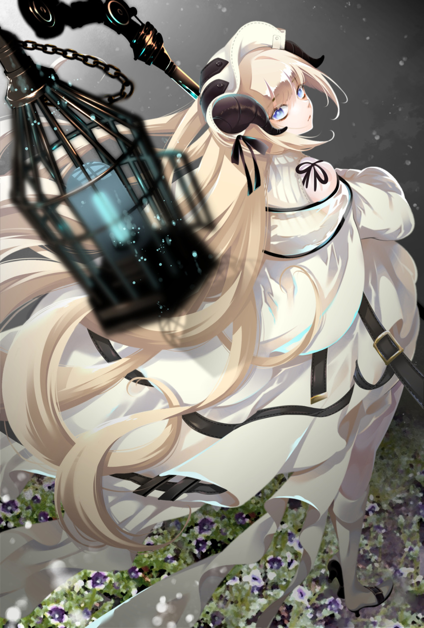 1girl amexame arknights bangs bare_shoulders birdcage blonde_hair blue_eyes boots cage chain commentary_request dress eyebrows_visible_through_hair from_behind highres holding holding_staff horns long_hair looking_at_viewer looking_back nightingale_(arknights) partial_commentary solo staff standing very_long_hair white_dress white_footwear white_headwear