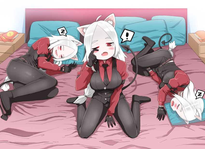 3girls animal_ears arm_garter bed bed_sheet black_gloves cerberus_(helltaker) demon_girl demon_tail dog_ears dog_girl fang gloves helltaker highres long_hair looking_at_viewer mipoog multiple_girls necktie open_mouth pillow red_eyes red_shirt shirt sleeping smile tail triplets vest waistcoat waking_up white_hair