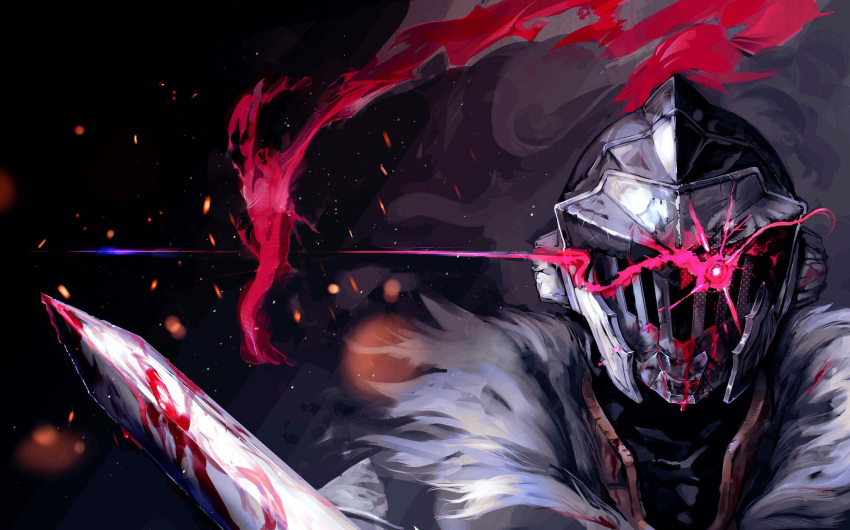 1boy armor black_background blood bloody_clothes bloody_weapon botsumoto commentary_request embers fur_trim glowing glowing_eye goblin_slayer goblin_slayer! helmet highres light_trail looking_at_viewer male_focus plume portrait red_eyes solo sword weapon