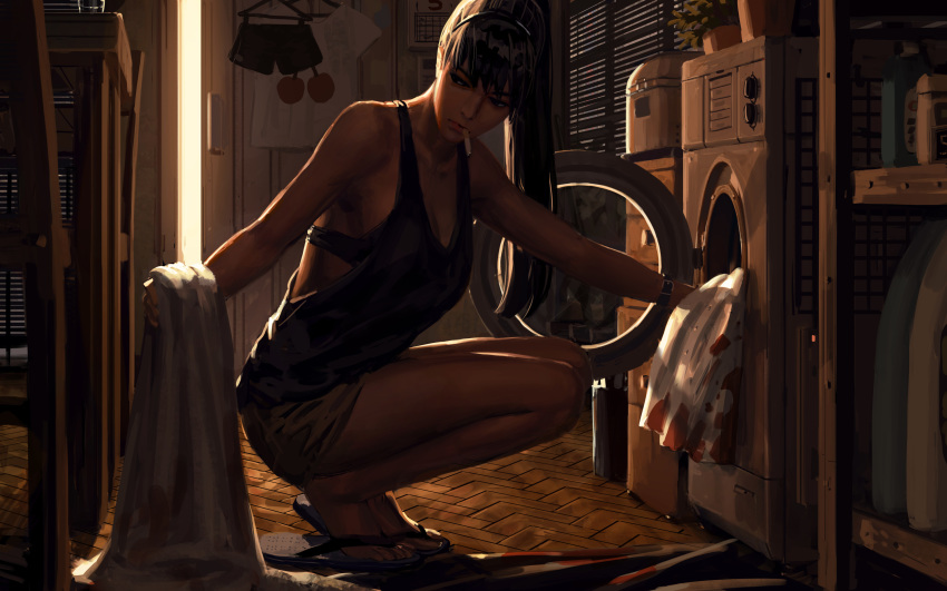 1girl absurdres bangs bare_shoulders black_bra blinds bra chair cigarette clothes clothes_hanger detergent guweiz high_ponytail highres holding holding_clothes looking_to_the_side open_door original plant pot short_shorts shorts slippers squatting table tank_top thighs underwear washing_machine window