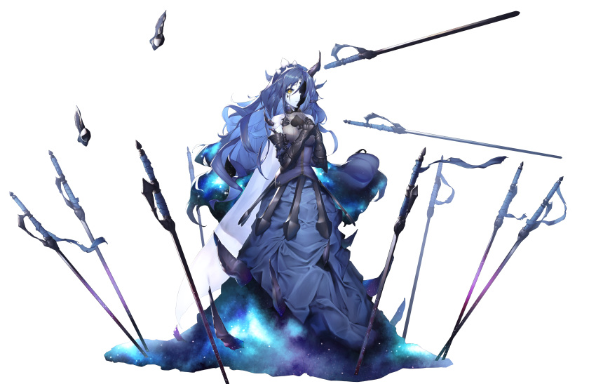 1girl absurdres armor black_armor blue_dress blue_hair cape check_copyright copyright_request crack cracked_skin dabuki dress facial_mark floating floating_swords floating_weapon galaxy gauntlets hair_between_eyes highres horns lobotomy_corporation planted planted_sword planted_weapon simple_background single_horn solo spikes star_(sky) sword weapon white_background white_cape white_skin yellow_eyes